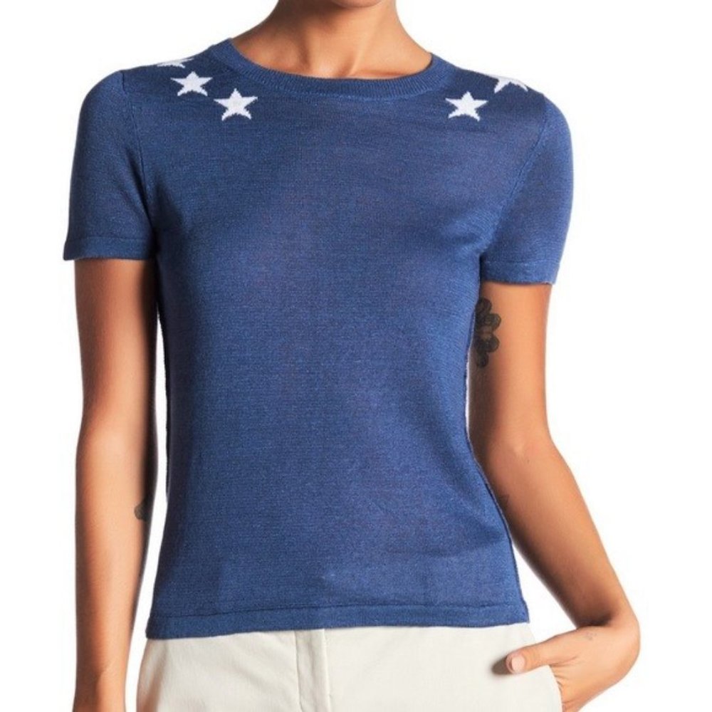 360 Sweater Italian Yarn Linen Mili Short Sleeve Top Knit Blouse Stars Blue - S